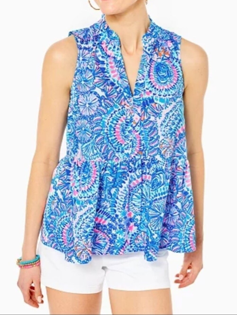 Lilly Pulitzer Novella Ruffle Hem Top Blue Grotto  Ocean Peplum Blouse Size Smal